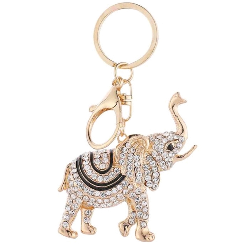 SALE Elegant Black and Gold Elephant Keychain Rhinestone Bling